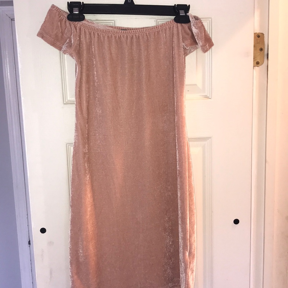 Pink velvet, off-the-shoulder mini dress